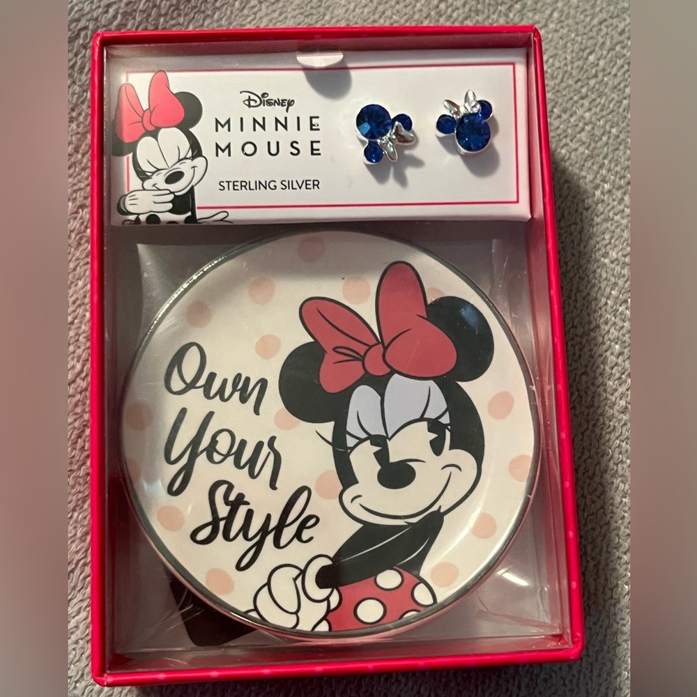 Minnie Mouse Dark Blue Crystal Stud Earrings in Sterling Silver & Trinket Dish
